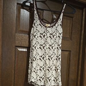 BKE Brown & Cream Mesh Lace Tank Top